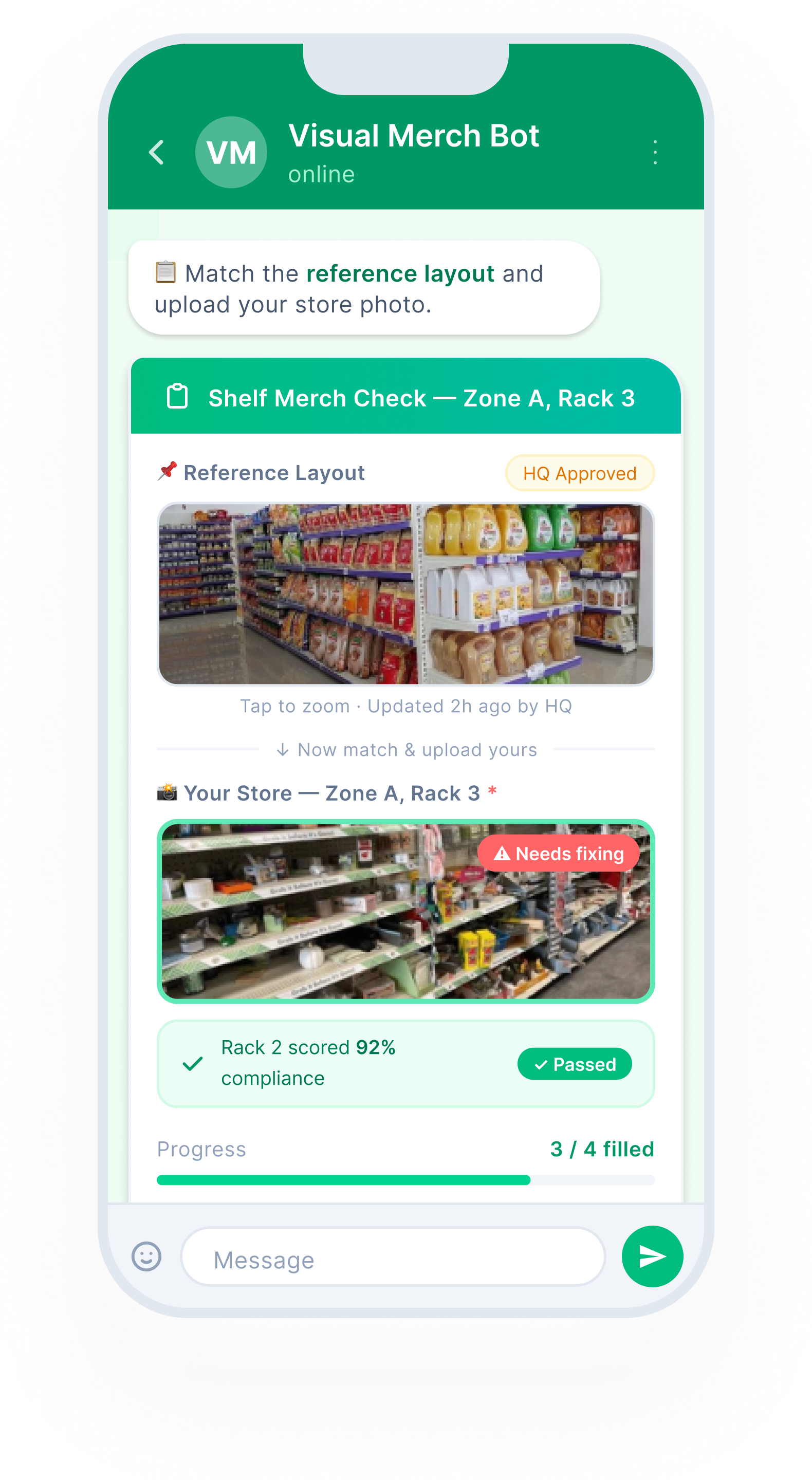 Visual merchandising photo audits with AI scores